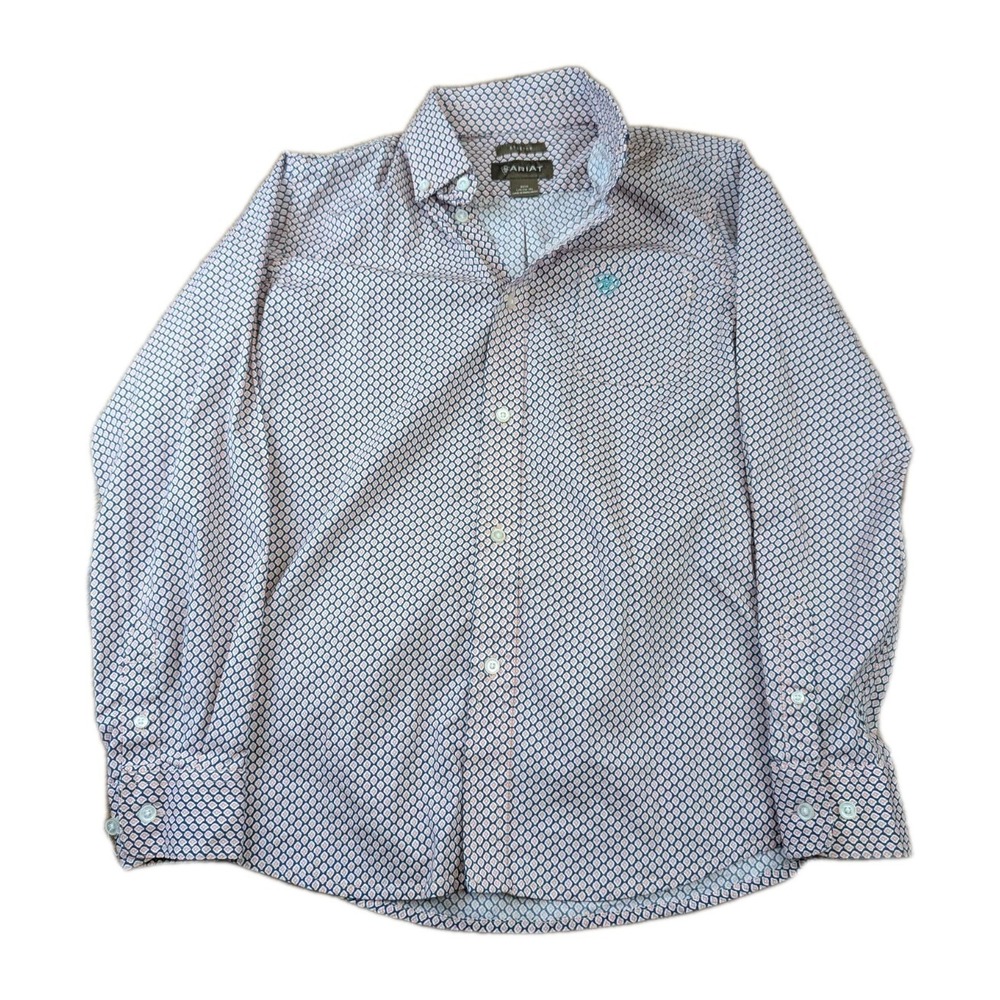 Ariat Western Rancher Long Sleeve Button Up Pink Geometric Boys Large 14/16
